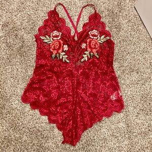 Beautiful red silky rose embroidered bodysuit